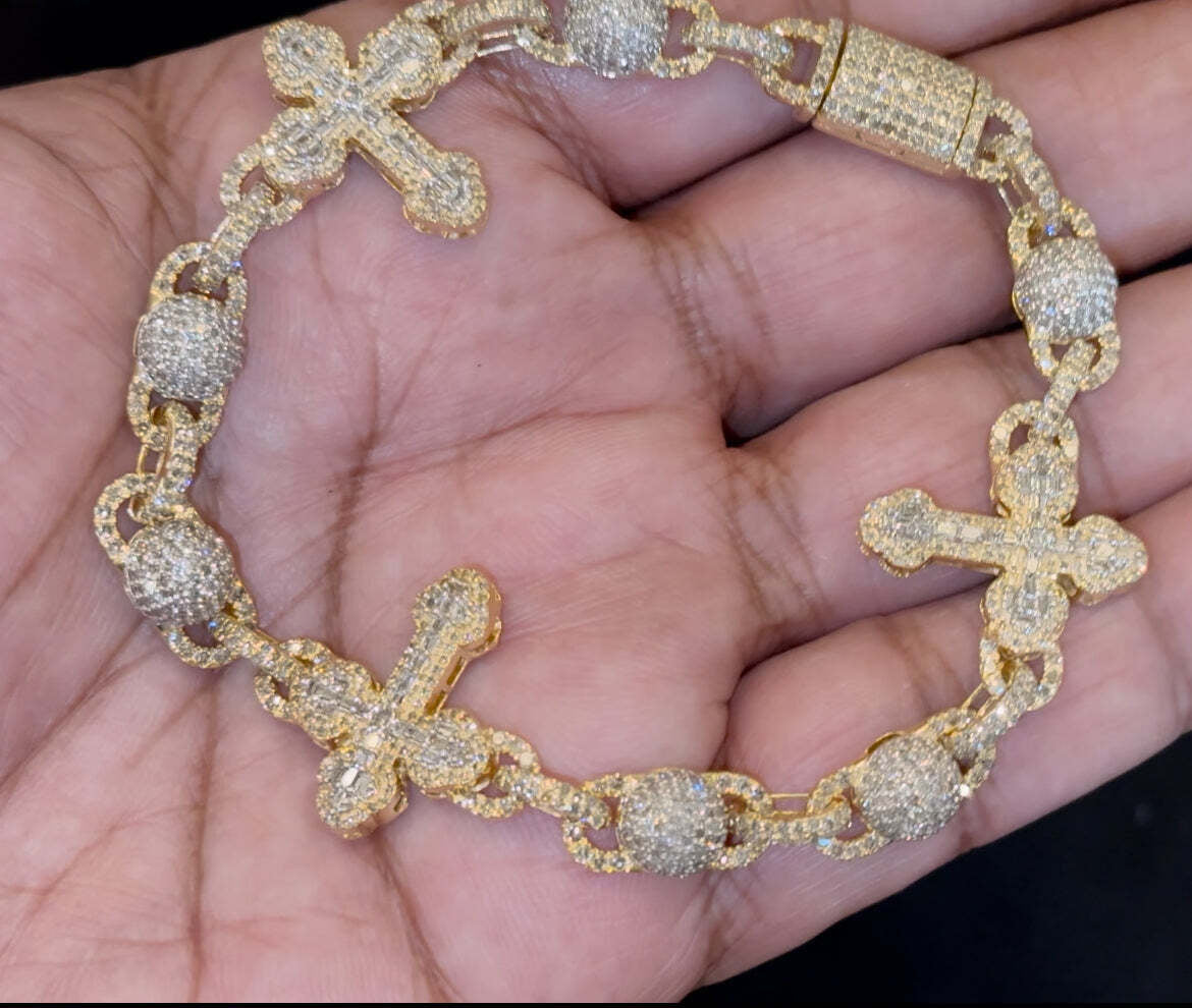 10K YELLOW GOLD 6 CARAT REAL DIAMOND 8 INCHES CROSS BRACELET