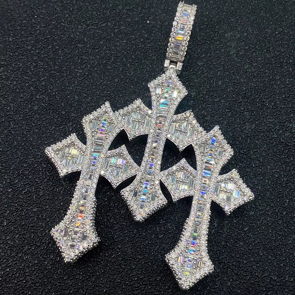 Hip Hop D Color Buguette Moissanite Combine Cross Pendant Necklace 925 Sterling Silver