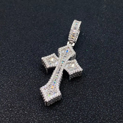 Iced D Color Buguette Moissanite Cross Pendant Tennis Necklace for Men 925 Sterling Silver Hip Hop Jewelry Pass Diamond Tester