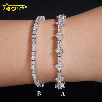 Stylish New Arrival Fashion Femme Design 925 Silver VVS Moissanite Diamond Iced Out Four Leaf Clover Cross Tennis Chain Bracelet