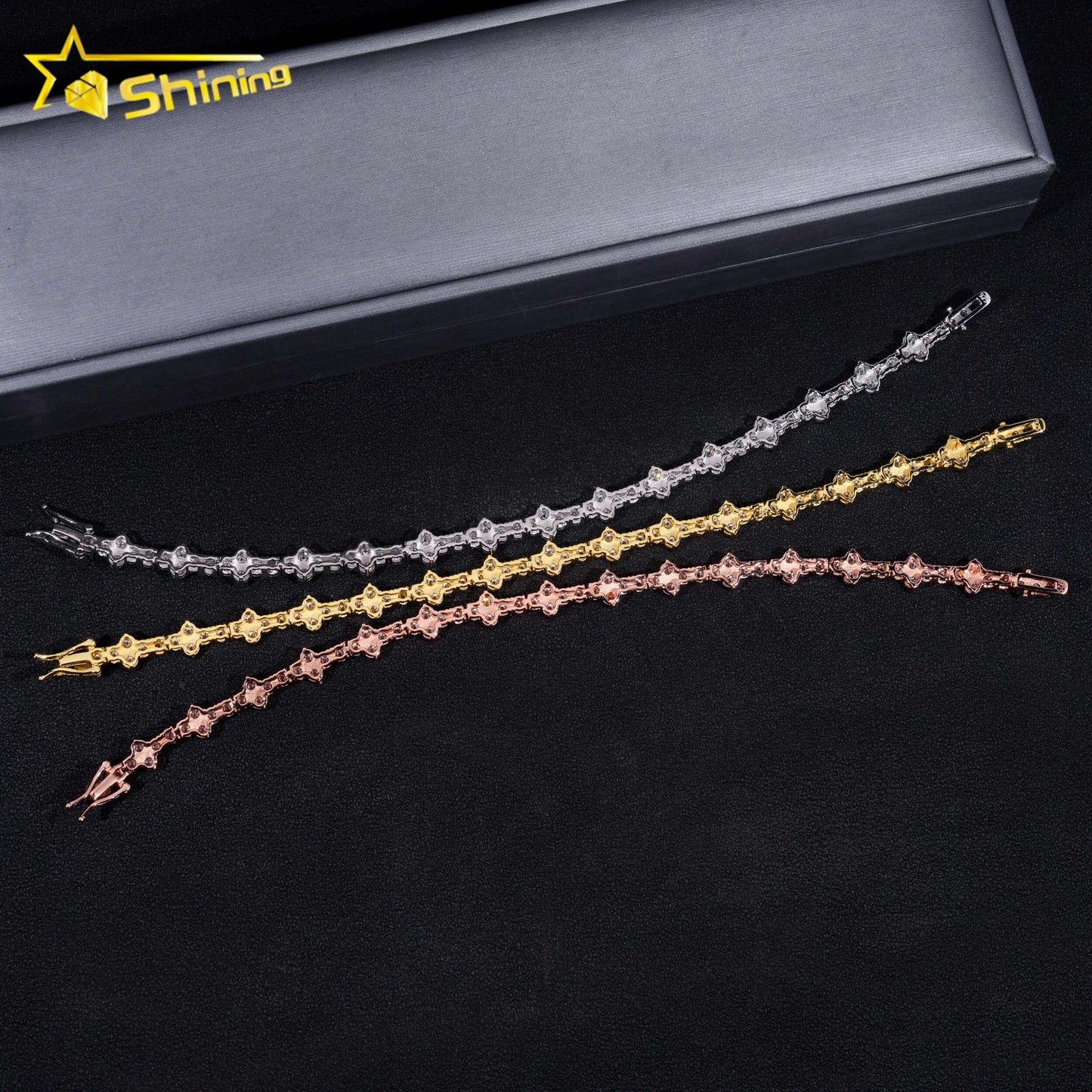 Stylish New Arrival Fashion Femme Design 925 Silver VVS Moissanite Diamond Iced Out Four Leaf Clover Cross Tennis Chain Bracelet