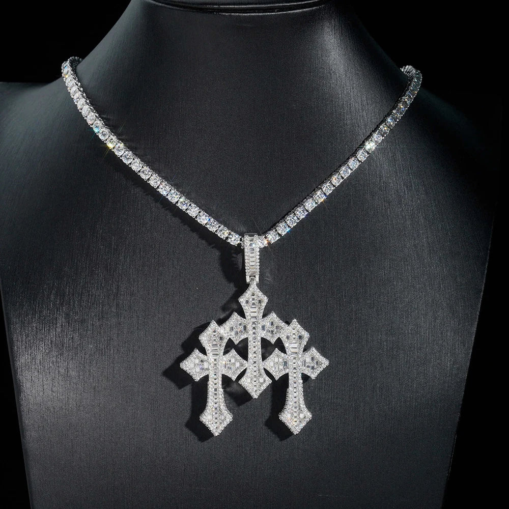 Baguette Triple Cross Pendant - Moissanite