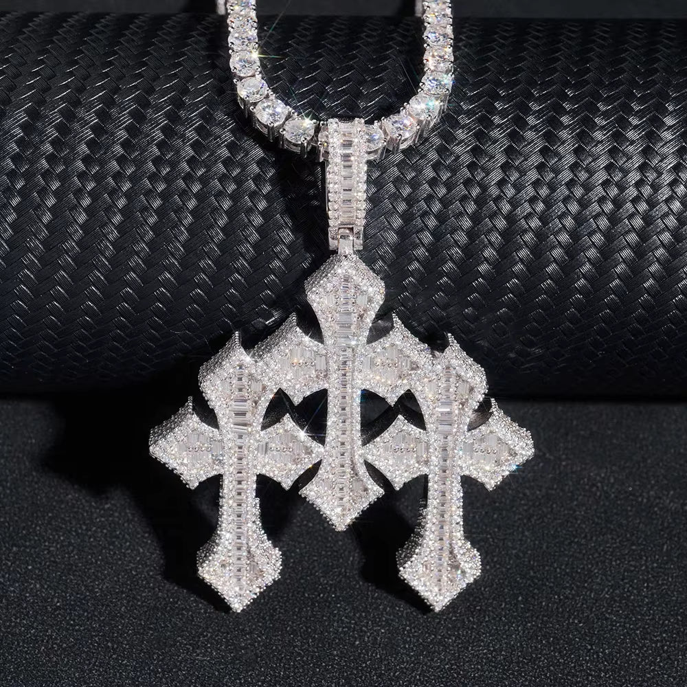 Hip Hop D Color Buguette Moissanite Combine Cross Pendant Necklace 925 Sterling Silver